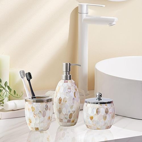 Miniatura 2 de Escenzy Juego de accesorios de baño de concha natural, 3 piezas, dispensador de jabón de vidrio, soporte para cepillos de dientes, tarro de algodón,