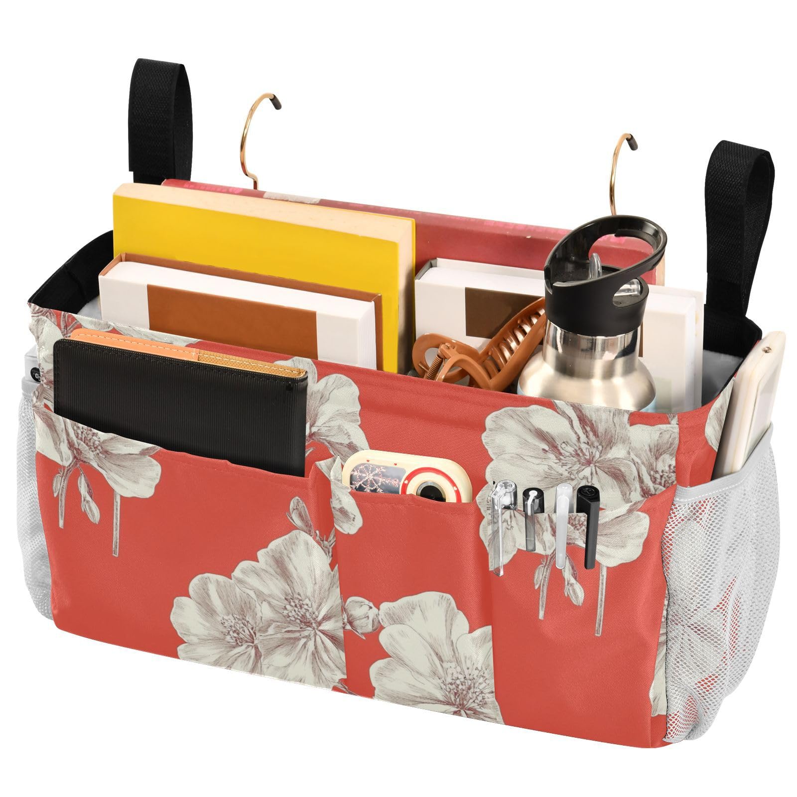 FRODOTGV Bedside Storage Caddy with Fixed Straps and Water Bottle Holder Hanging Organizer Bags for Bedroom, Loft, Tent, Curtain, Bunk bed Shelf Accessories Vintage Geranium Red