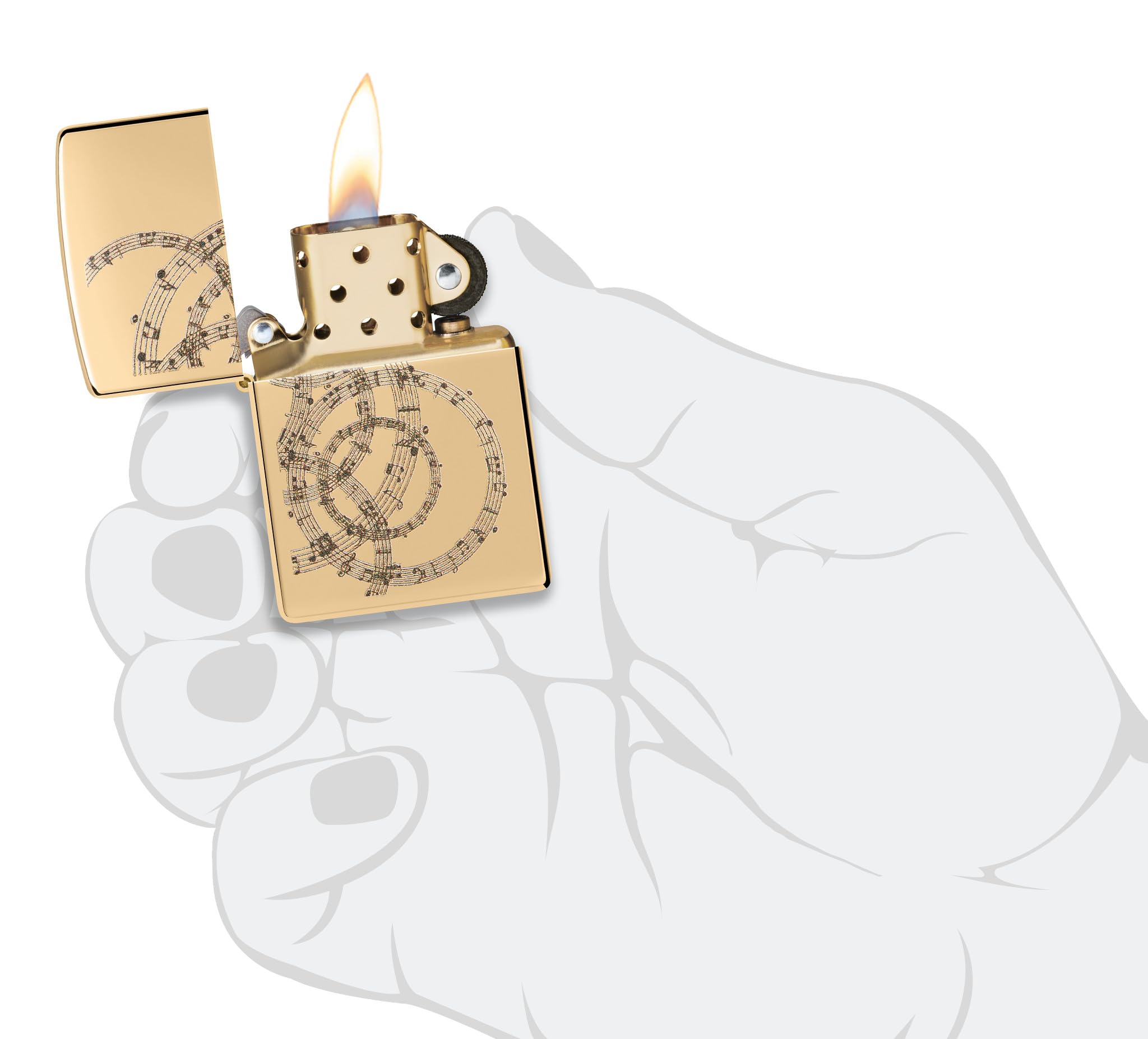 Zippo Sturmfeuerzeug - Musical Notes Design - Gold - High Polish Brass - Colour Image - Nachfüllbar - Wiederverwendbar - Windfest - Geschenkbox - Made in USA