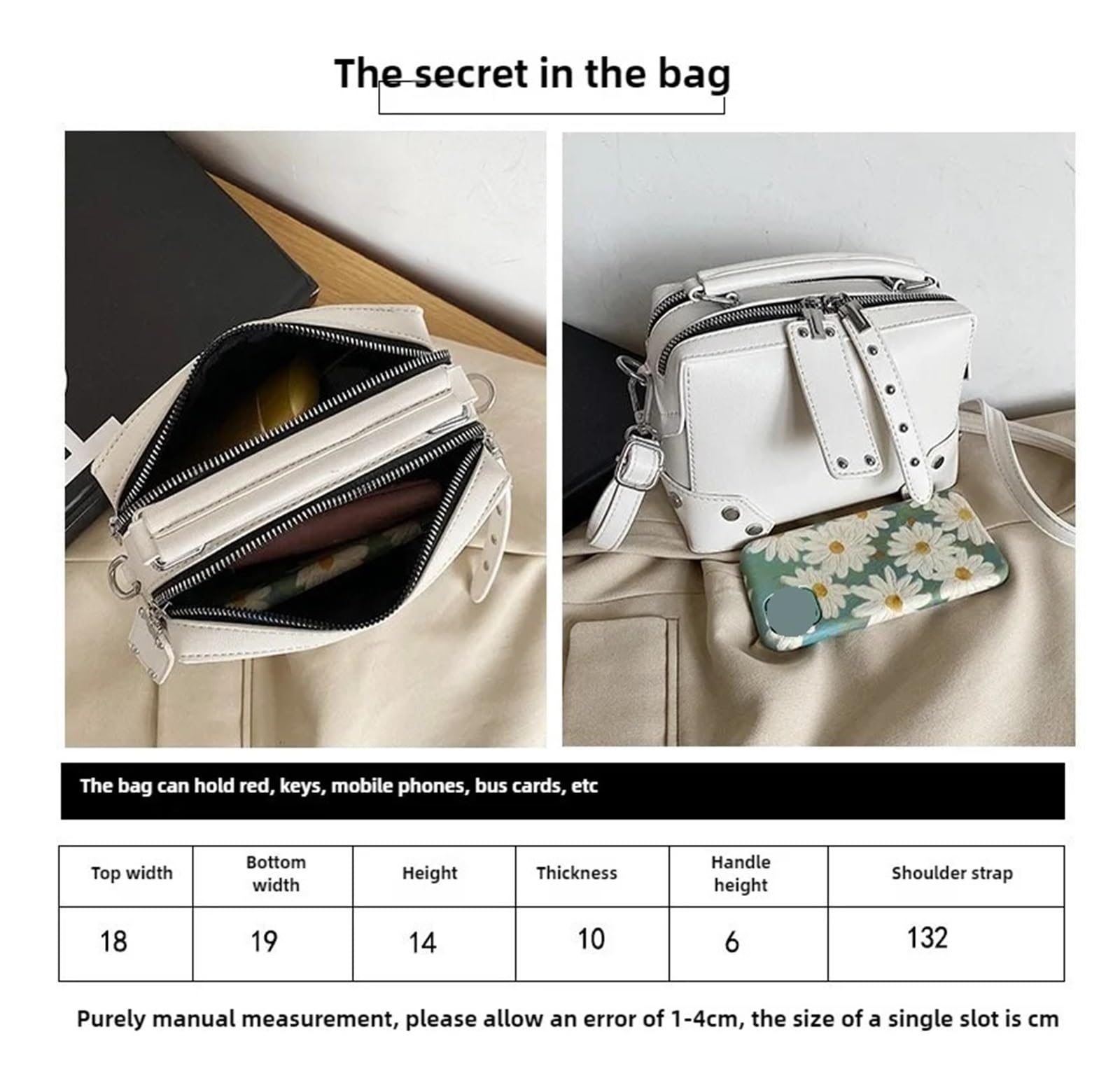 Nietentasche Damen-Umhängetasche, PU-Nieten, multifunktional, Umhängetasche, handverpackt, Make-up, einfarbig, klein, quadratisch
