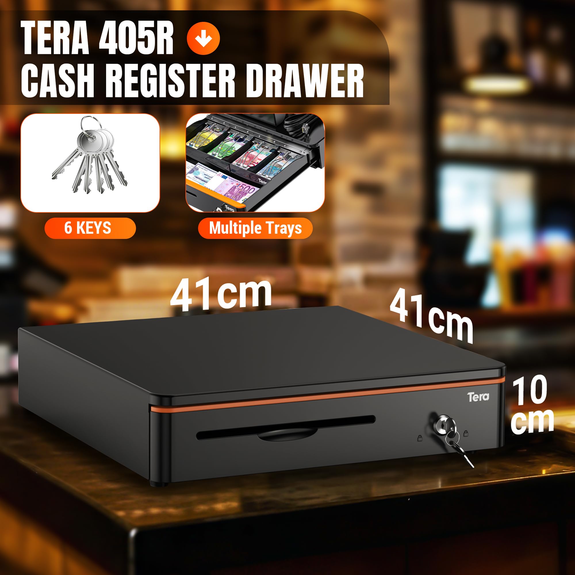 Tera Cajón Portamonedas Caja Registradora con Cerradura: 40,5 × 40 × 10,2 cm 5 Compartimentos Billetes 8 Monedas con Bandeja RJ12 Llaves Microinterruptor para POS Supermercado Tienda Modelo 405R