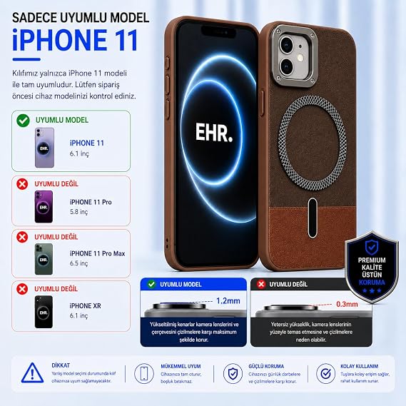 Ehr. iPhone 11 ile Uyumlu Magsafe Wireless Şarj Özellikli Mat Süet Deri Nakışlı İçi Kadife Silikon Arka Kapak (Kahverengi, iPhone 11)