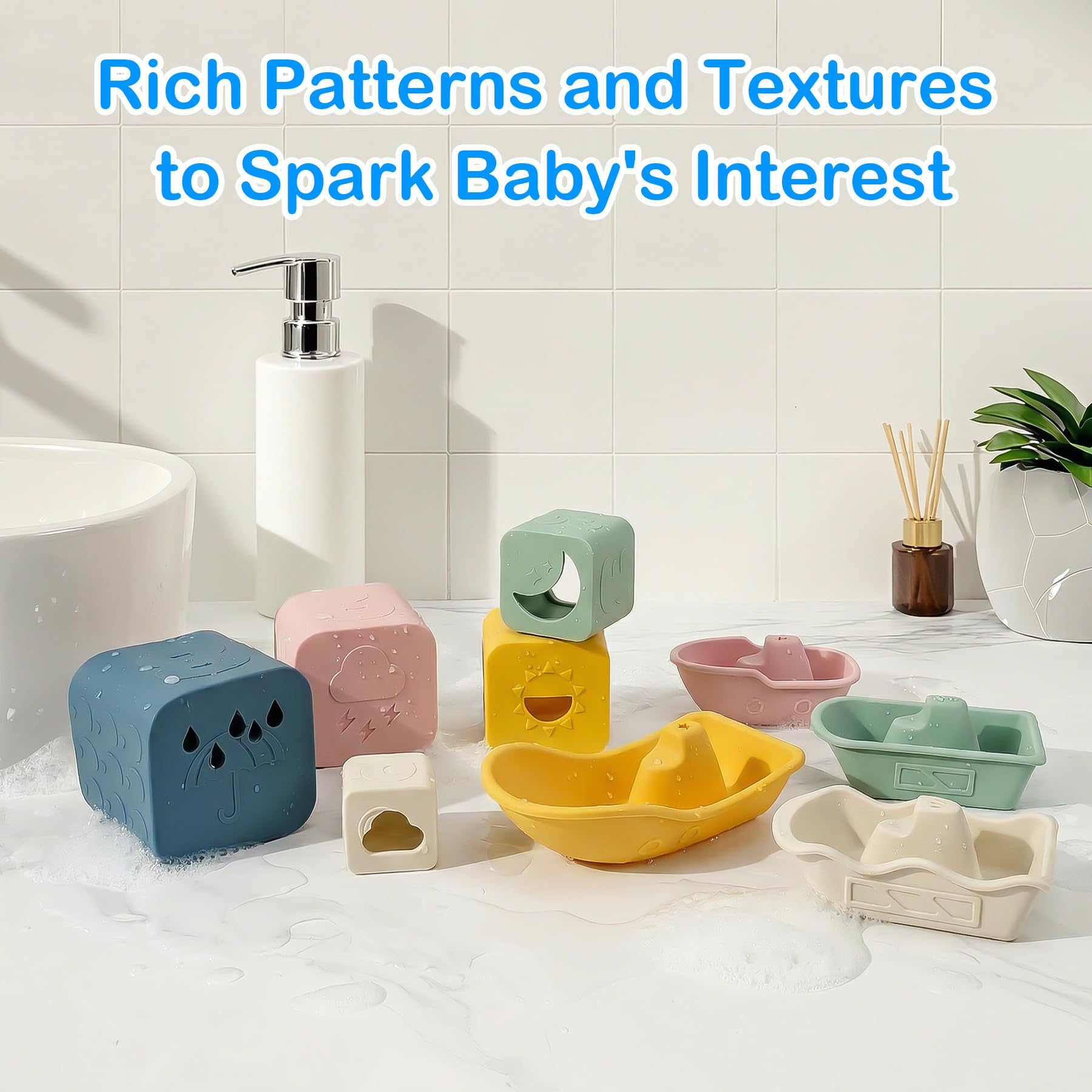 MCGMITT Juguetes Montessori para Bebés Set de Baño de Silicona 12 Piezas BPA-Free Juguetes Flotantes, Vasos Apilables, Patitos, Juguete Educativo Sensorial para Desarrollo Cognitivo Regalo 6-36 Meses