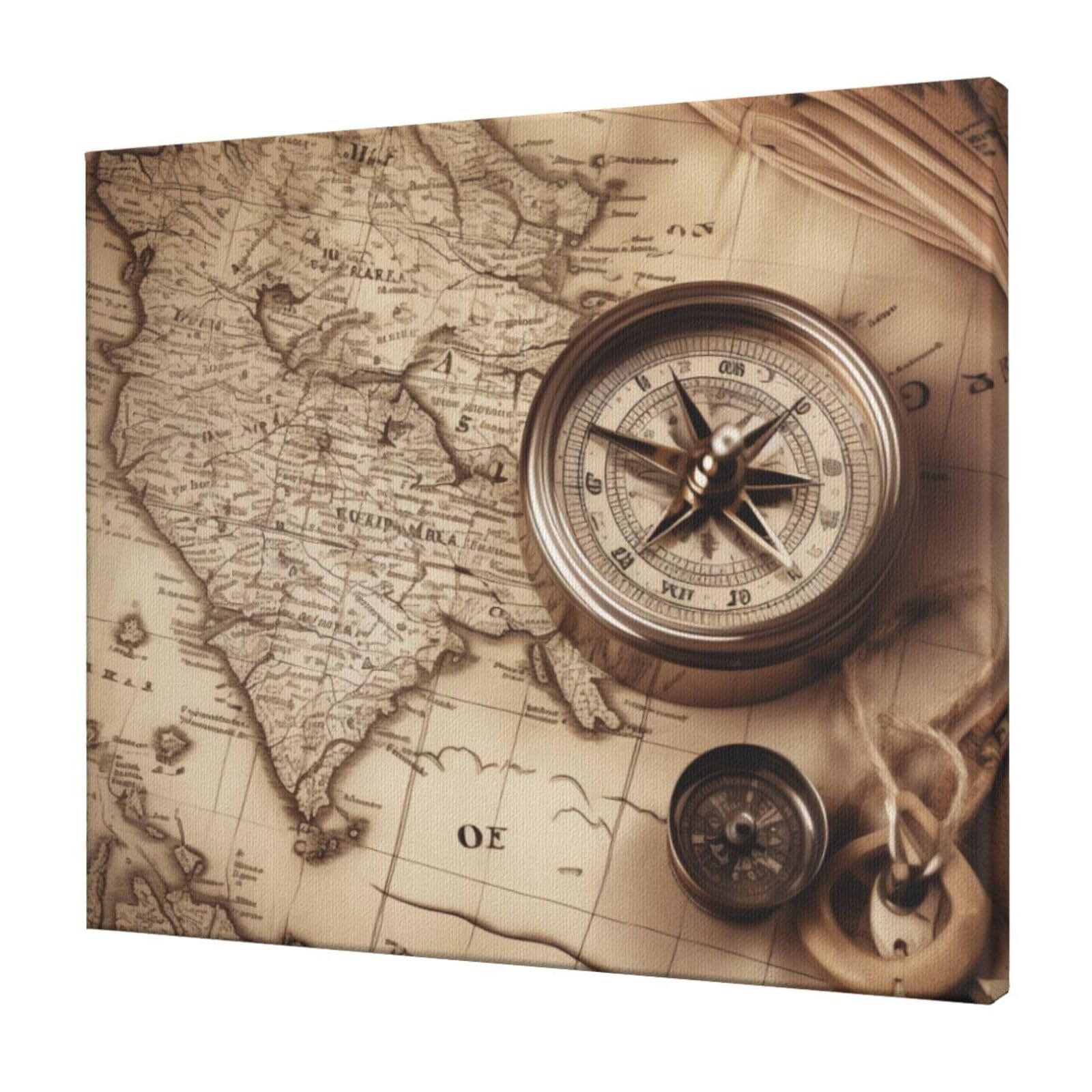 YKLJG Compass Map Nautical Printed Wall Art Canvas Prints 60x50 CM Wooden Framed Picture Painting Artwork for Bedroom Kitchen Home Office Decor