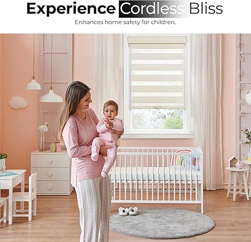 Miniatura 4 de PowerSellerUSA Persiana enrollable sin cordón, de doble capa, con diseño de cebra, con control de luz y de privacidad, 35 x 72 pulgadas, color lino