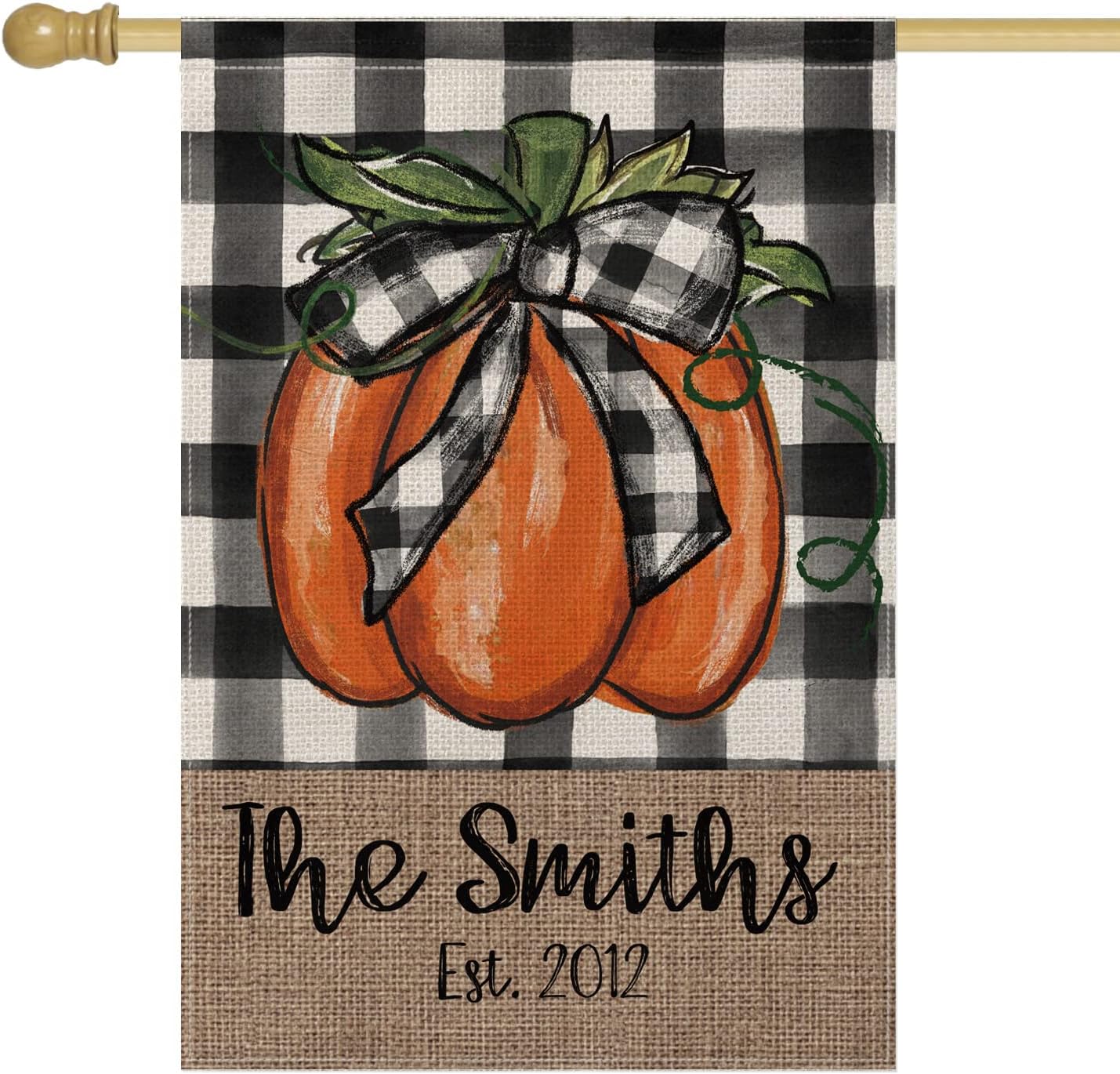 Smile Personalized Fall Pumpkin House Flag, Custom Family Last Name and Established Year Spot, Double Sided 28 x 40 Inch Rustic Farmhouse Burlap Yard Outdoor Decoration