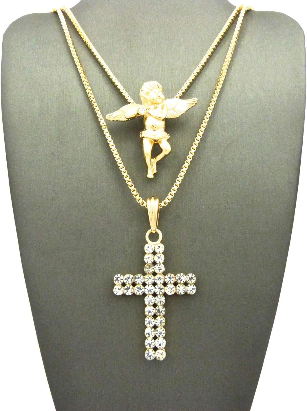GWOOD Angel and Cross Pendants Two Necklace Set 24 and 30 Inch Lengths Gold Color Box Link Chains