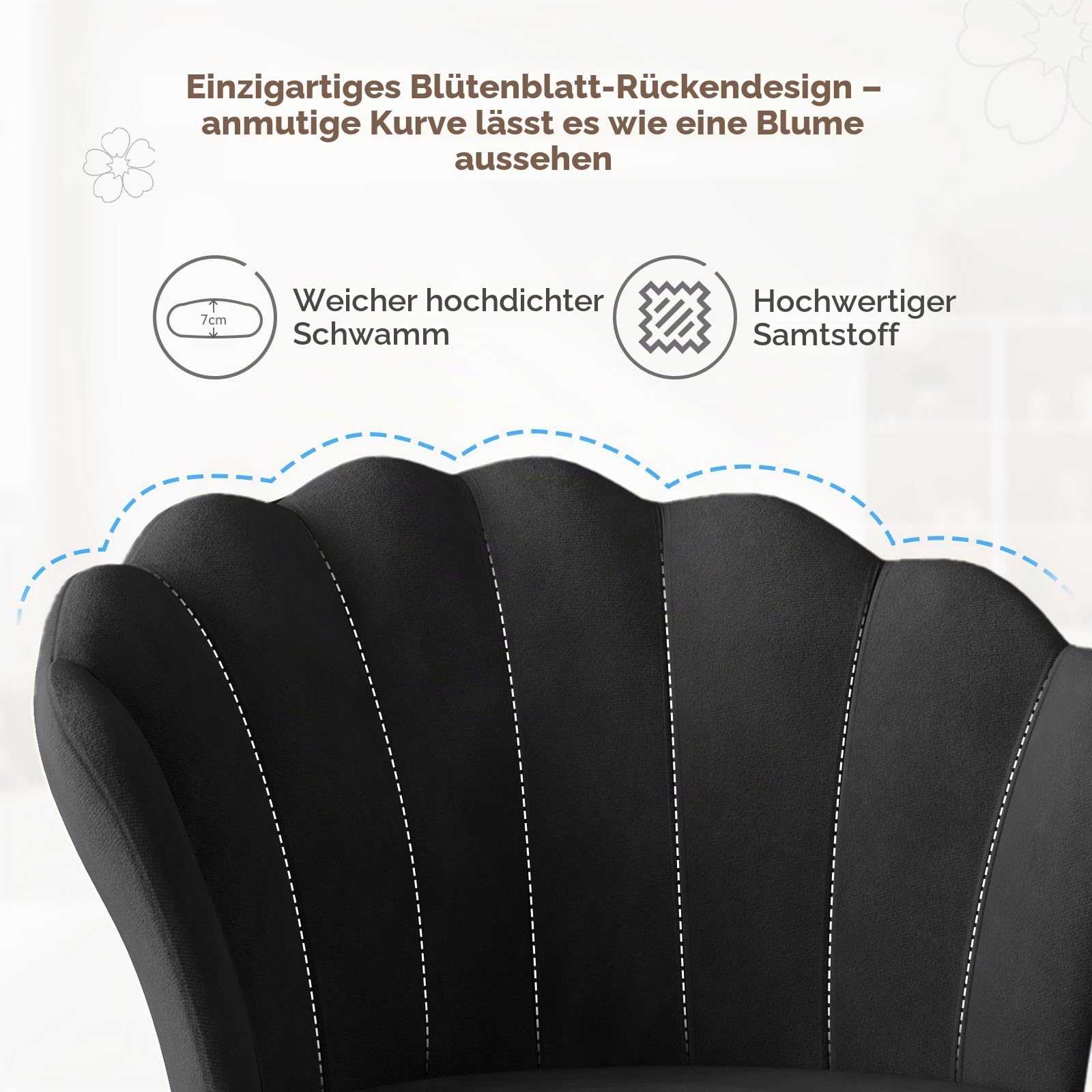 Aivermeil Schminkstuhl mit Kissen, Rollen & Höhenverstellung, Schwarz | Samtbezug; Kissen; 360° drehbar; Blütenblatt-Rückenlehne; Bürostuhl für Homeoffice & Schminktisch; bis 120 kg