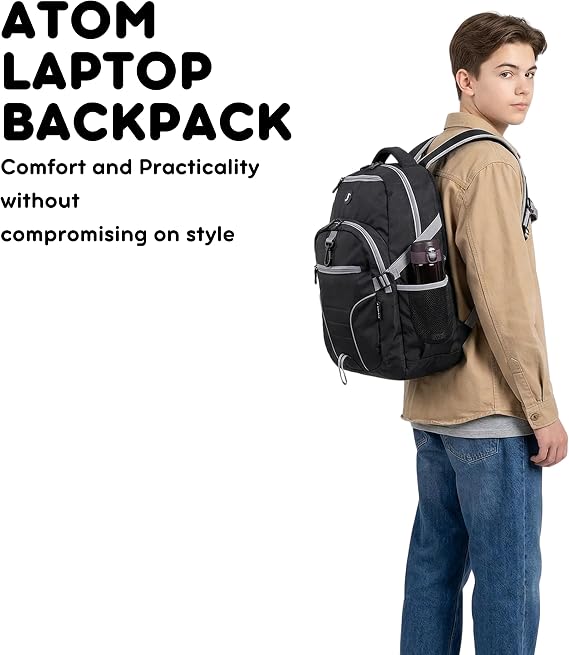 J World New York Atom Laptop Backpack Ergonomic Backpack for School with Air Mesh Padded Shoulder Straps 600D Polyester Work Backpack for Men and Women Stylish Design (BLACK)