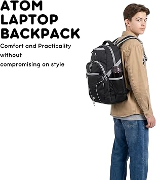 J World New York Atom Laptop Backpack Ergonomic Backpack for School with Air Mesh Padded Shoulder Straps 600D Polyester Work Backpack for Men and Women Stylish Design (BLACK)