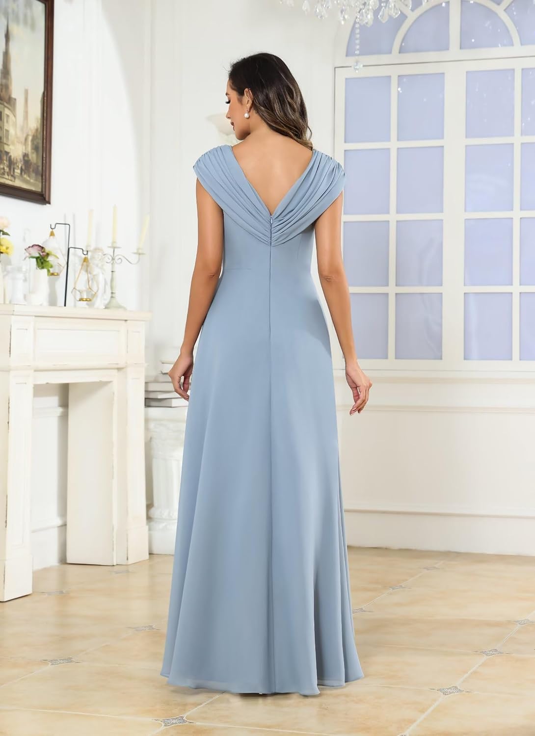 Beaded Mother of The Bride Dresses with Cape Sleeves V Neck Chiffon Pleated Tea Length Formal Evening Gown - Image 3
