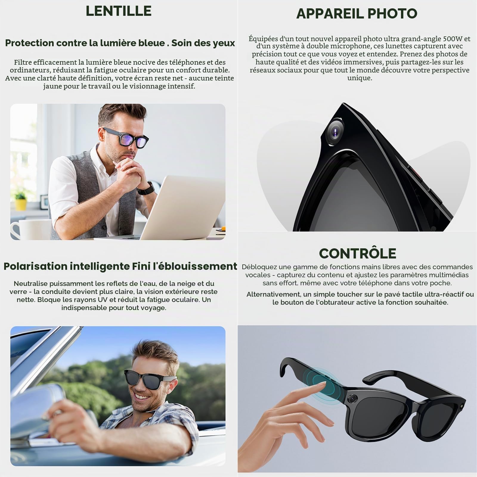 Lunettes connectées IA avec caméra, ChatGPT intégré,traduction,commande vocale,Wi-Fi 4.0,Bluetooth 5.3,prise de vue HD, lunettes de soleil intelligentes pour les voyages,la musique et les appels,B