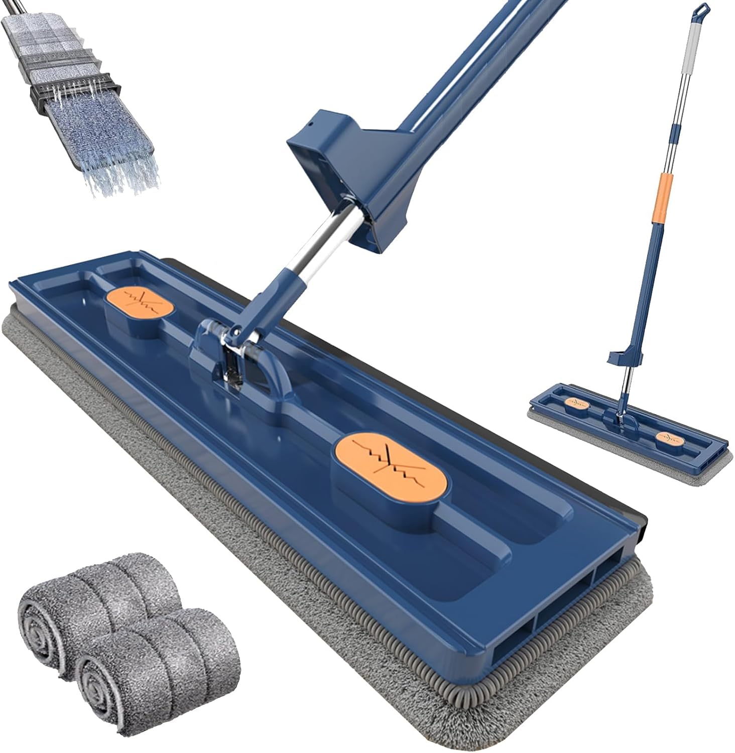Large Flat Mop, 360° Magic Mop Flat Mop and Bucket System with Dewatering Scraper,2023 Large Flat Mop, Wet and Dry Use, Floor Mop Set for Hardwood Laminate Tiles,White, Blue