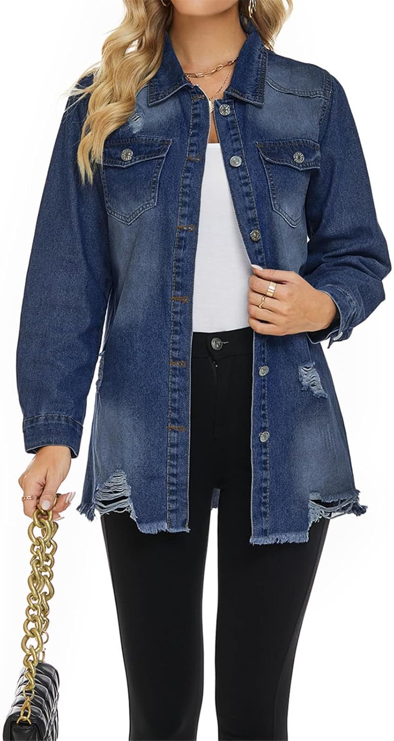 SCOFEEL Women Denim Shirt Jacket Long Sleeve Button Shacket Coat Distressed Washed Ripped Frayed Hem Jean Jacket - Image 2