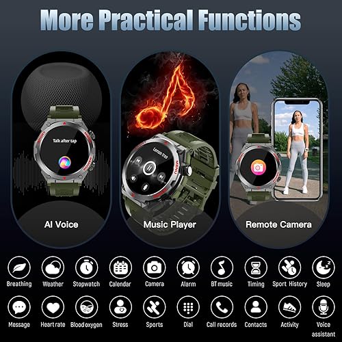 Miniatura 6 de Reloj inteligente militar, pantalla táctil de 1.52 pulgadas, reloj inteligente táctico con texto y llamadas, frecuencia cardíaca, oxígeno en sangre