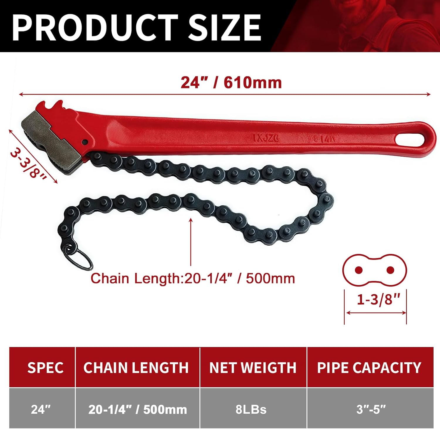 Chain Pipe Wrench 24" for 3" ~ 5" pipe diameter, chain length 20.3". Heavy-duty chain pipeline tool for pipeline installation, oilfield pipeline operations and maintenance