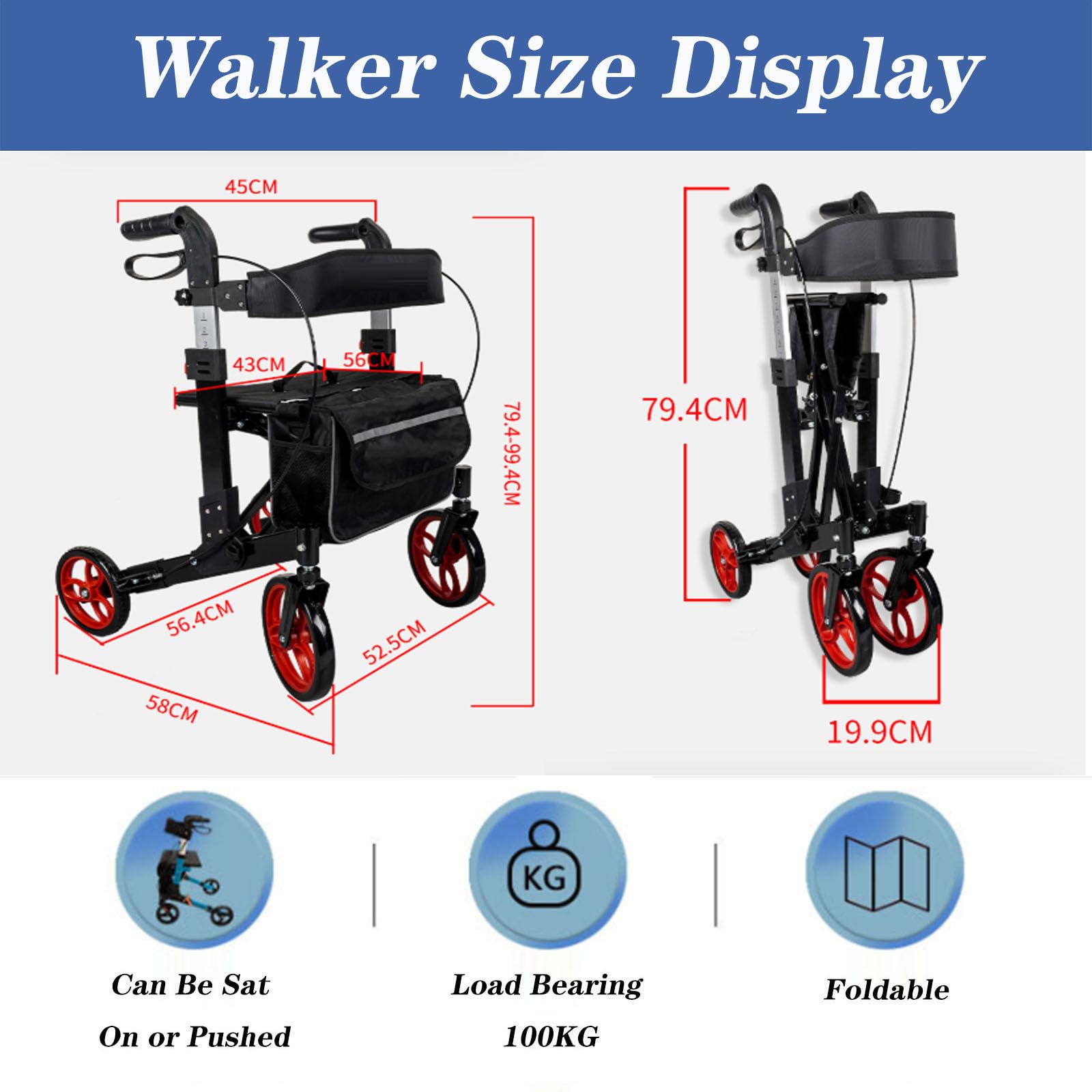 SFKLYU Składany Chodzik Typu Rollator Chodziki Typu Rollator Dla Seniorów Z Siedziskiem, Lekka Aluminiowa Rama Chodzik Typu Rollator Dla Pacjentów Z Hemiplegią, Udarem Mózgu,A2