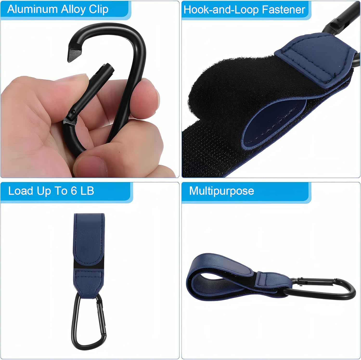 Pack of 2 Baby Universal Buggy Clips Carrier Pram Hooks, Leather Style Straps & Carabiner Clip, Hang Your Shopping Bags - Image 3
