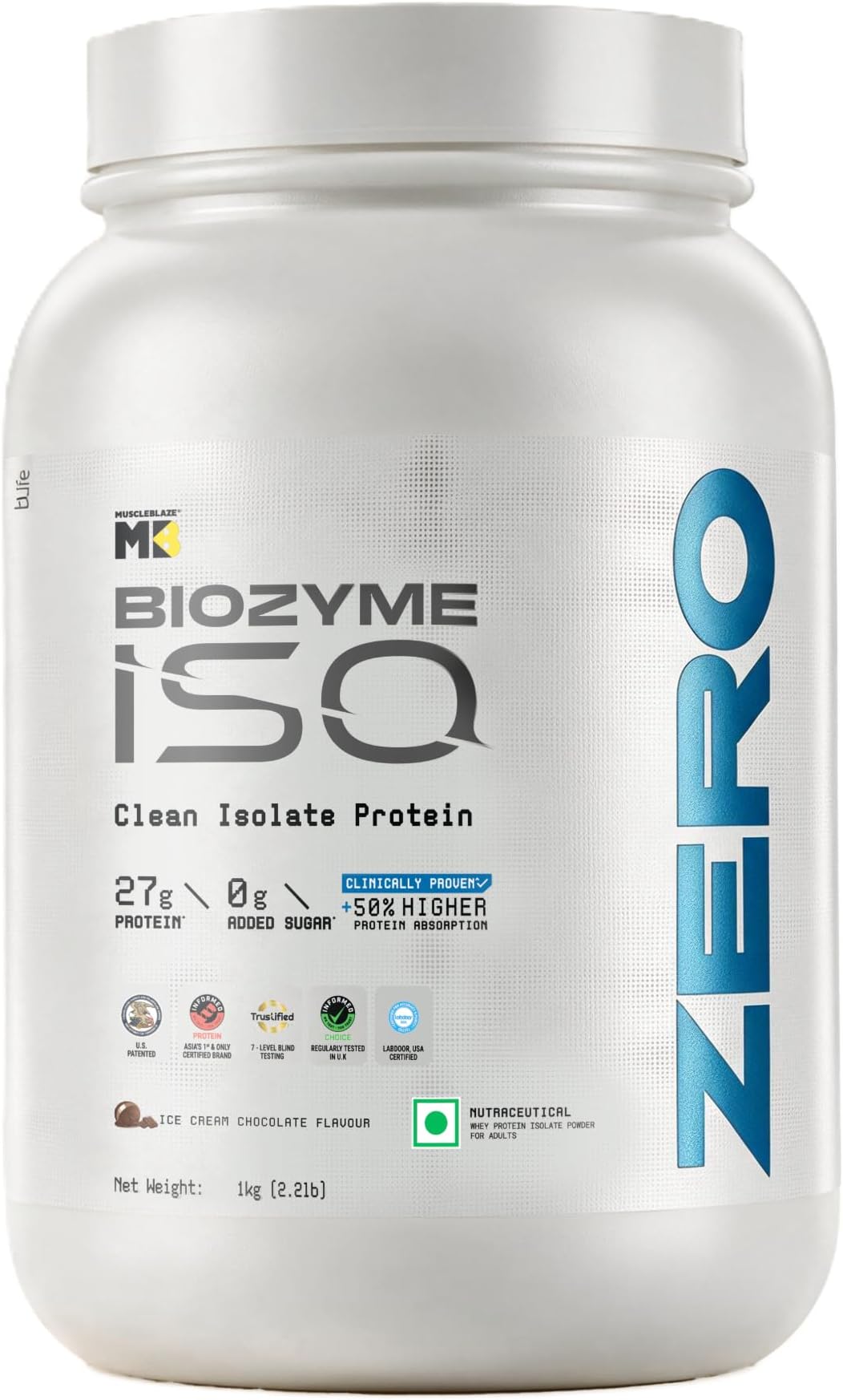 MuscleBlaze Biozyme Iso-Zero Whey Protein Isolate Powder, 1kg (2.2lbs)