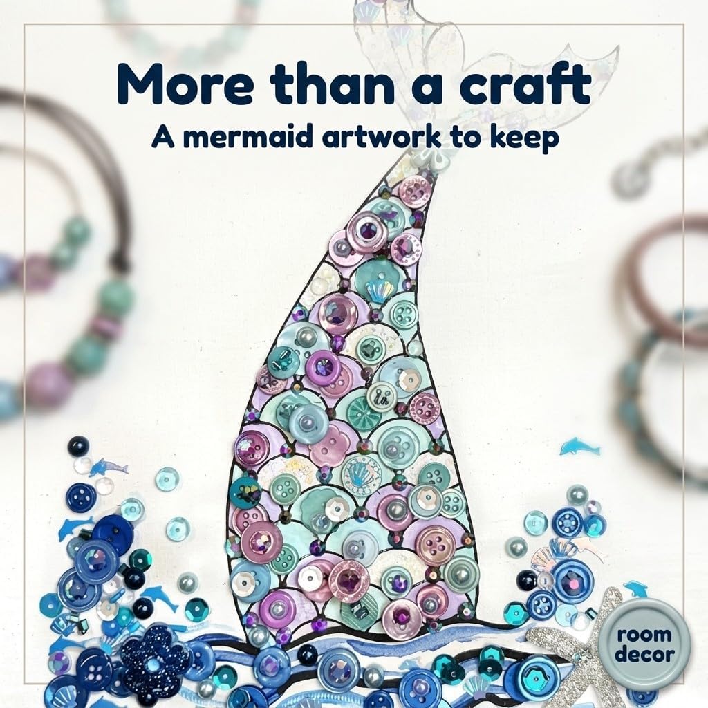 Buttons Galore and More Mermaid Tail DIY Button Art Kit – Ocean-Themed Craft Kit Craft Project for Kids & Adults