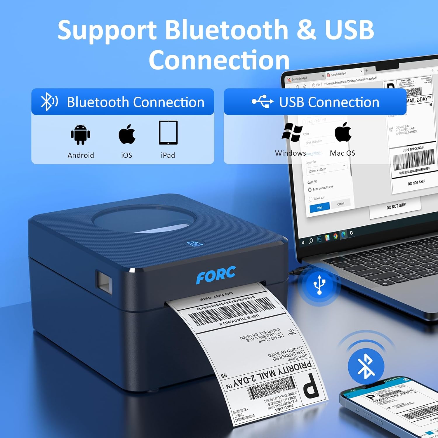 Image illustrating the Forc Thermal Label Printer's connectivity options, showing Bluetooth connection for Android, iOS, and iPad devices, and USB connection for Windows and Mac OS computers.