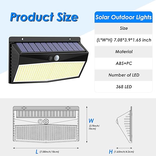 Miniatura 5 de 368 luces LED solares con sensor de movimiento para exteriores, valla solar con 3 modos de iluminación, seguridad alimentada impermeable para