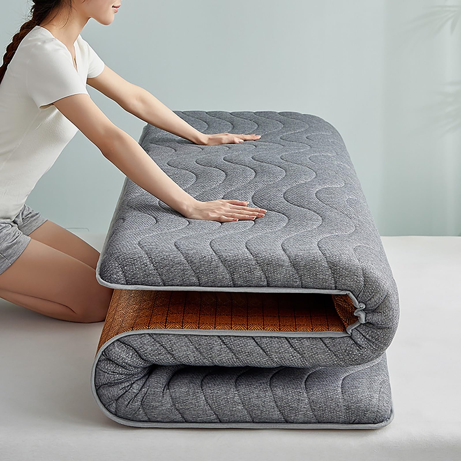 Podwójny materac, dzianinowy bawełniany materac podłogowy futon, do łóżka w akademiku, 1500D Ice Rattan, wszystkie pory roku