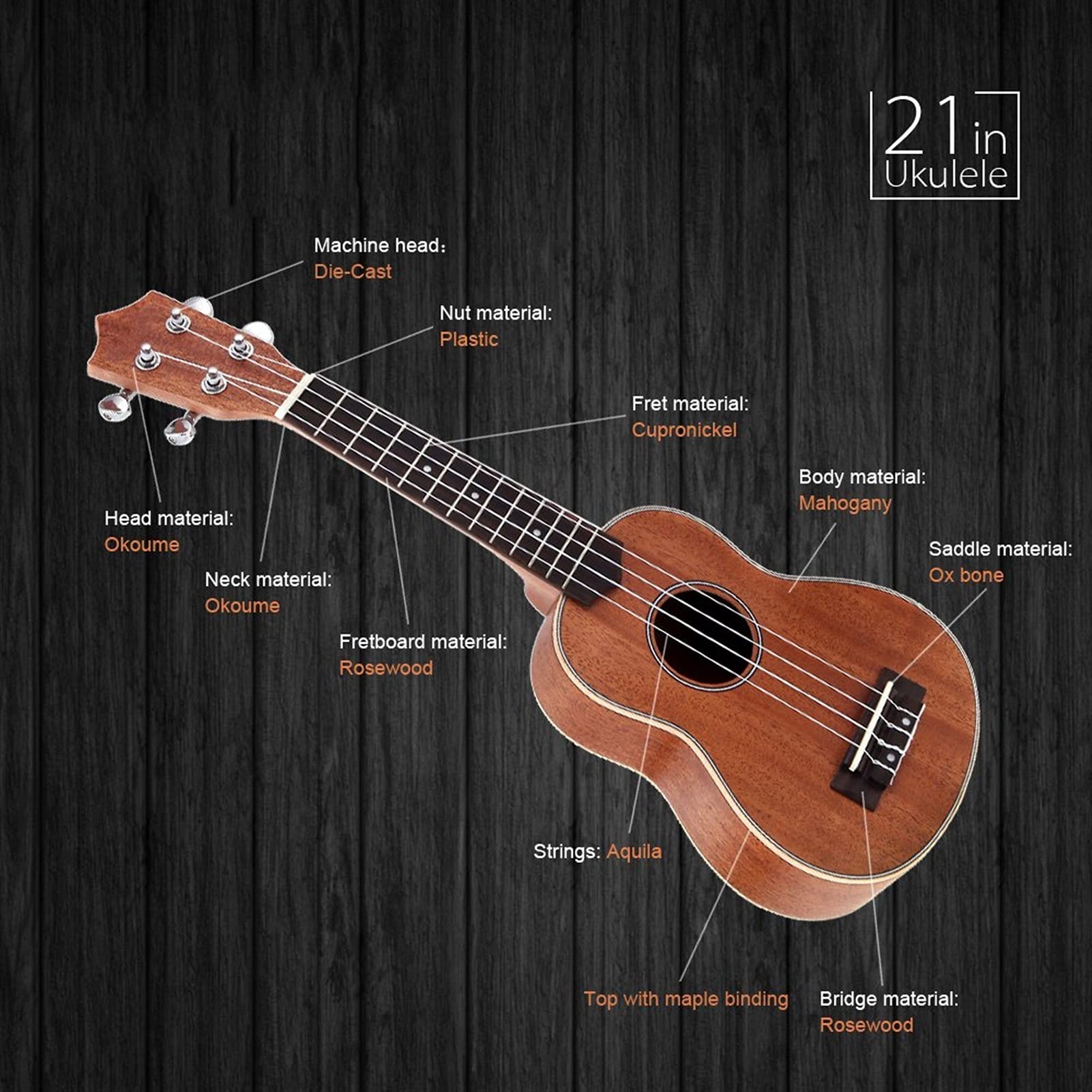 21 '' Kompakte Ukulele Hawaiianische Mahagoni-Aquila-Palisander-Griffbrücke Sopran-Saiten-Instrument 4-Saiten Hawaiianische Ukulele