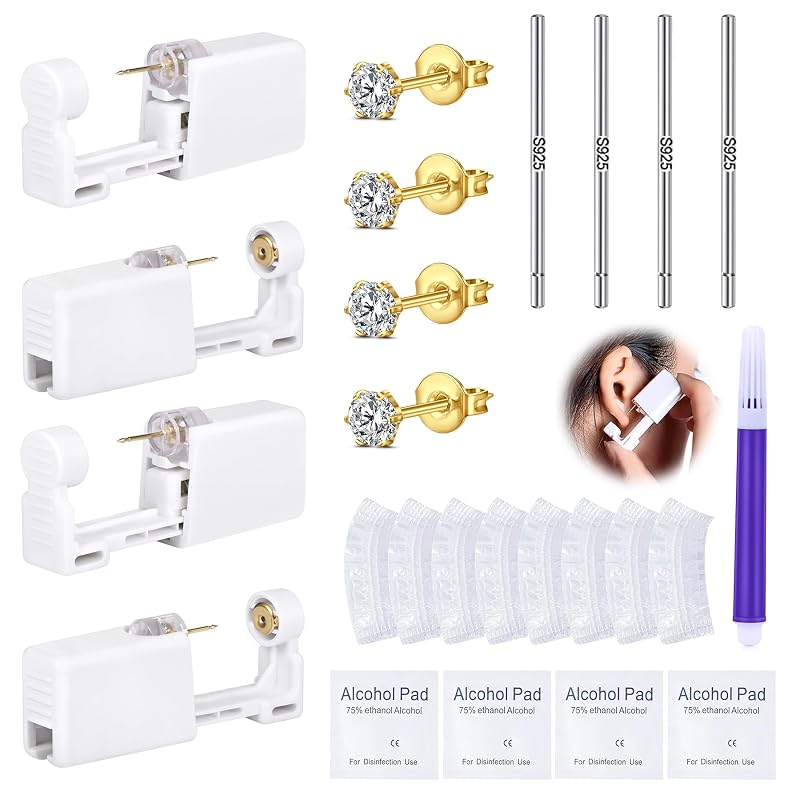 DJCIW Kit para Piercing de Orelha com 21 Peças, 4 pistolas descartáveis, brincos de aço inoxidável dourados com zircônia cúbica de 4 mm, hastes S925 e protetores impermeáveis