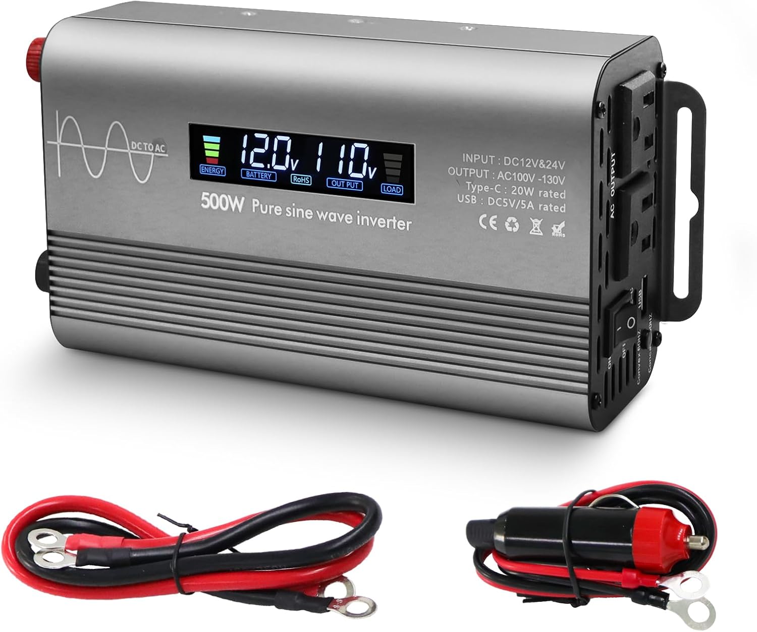 500W Pure Sine Wave Power Inverter with Digital Display,Dual AC Outlets & Fast Charging USB/Type-C,12V/24V to 110V AC Converter with Overload Protection for Car RV Truck Home Camping