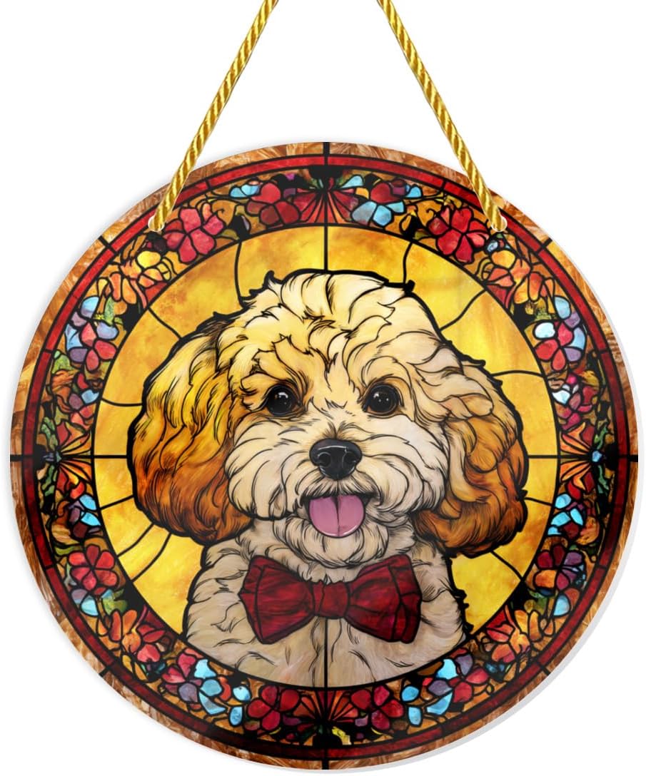 1PC Dog with Red Bow Tie Stained Glass Styles Acrylic Hanging Ornaments, Decorative Signs, Rainbow Maker Wall Art Suitable for Pet - lover Home Decor, Gifts, Windowsill, Garden, 8×8inch