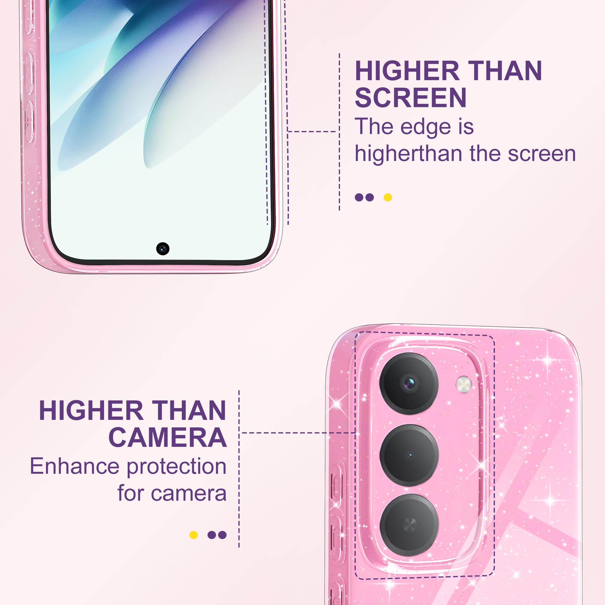 Pokrowiec na Xiaomi Redmi 15 4G/5G Glitter TPU Silikonowe błyszczące etui z ochroną aparatu Cienkie serce wzór miękkie odporne na wstrząsy ochronne etui do Redmi 15, różowy