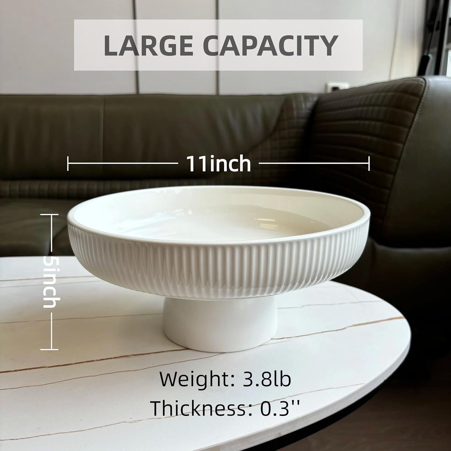 Ceramic Fruit Bowl,11" Decorative Bowl, Large Fruit Bowl for Kitchen Counter, Pedestal Bowl, Kitchen Counter Décor, Bread Candy Snacks Organizer, White (5.3 lbs, 68oz)