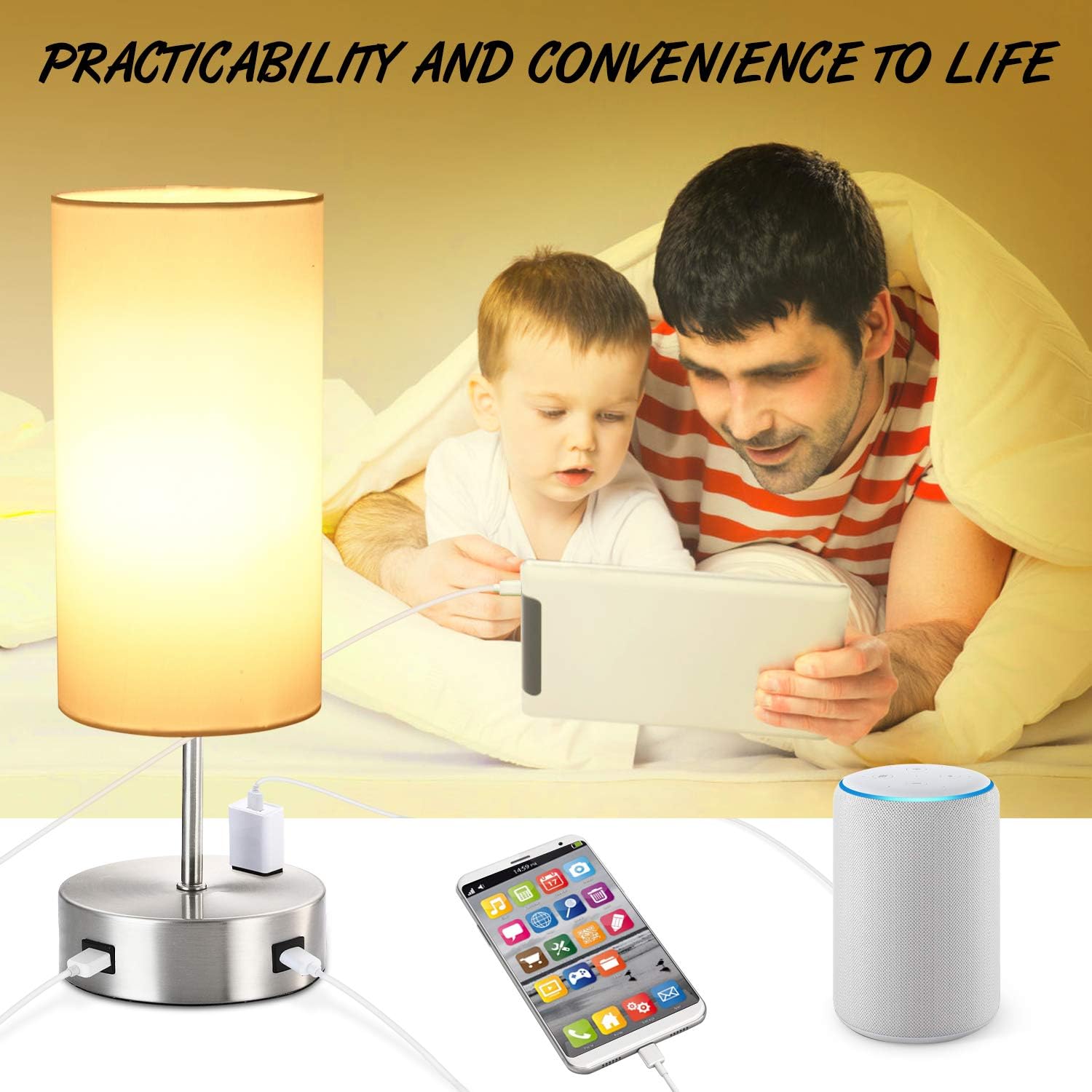 Touch Table Lamp with 2 USB Charging Port, 3-Way Dimmable Bedside Nightstand Lamp for Bedroom, AC Outlet and E26 60W Edison Bulbs Included, Perfect for Desk Lamp Living Room Office Reading, Silver
