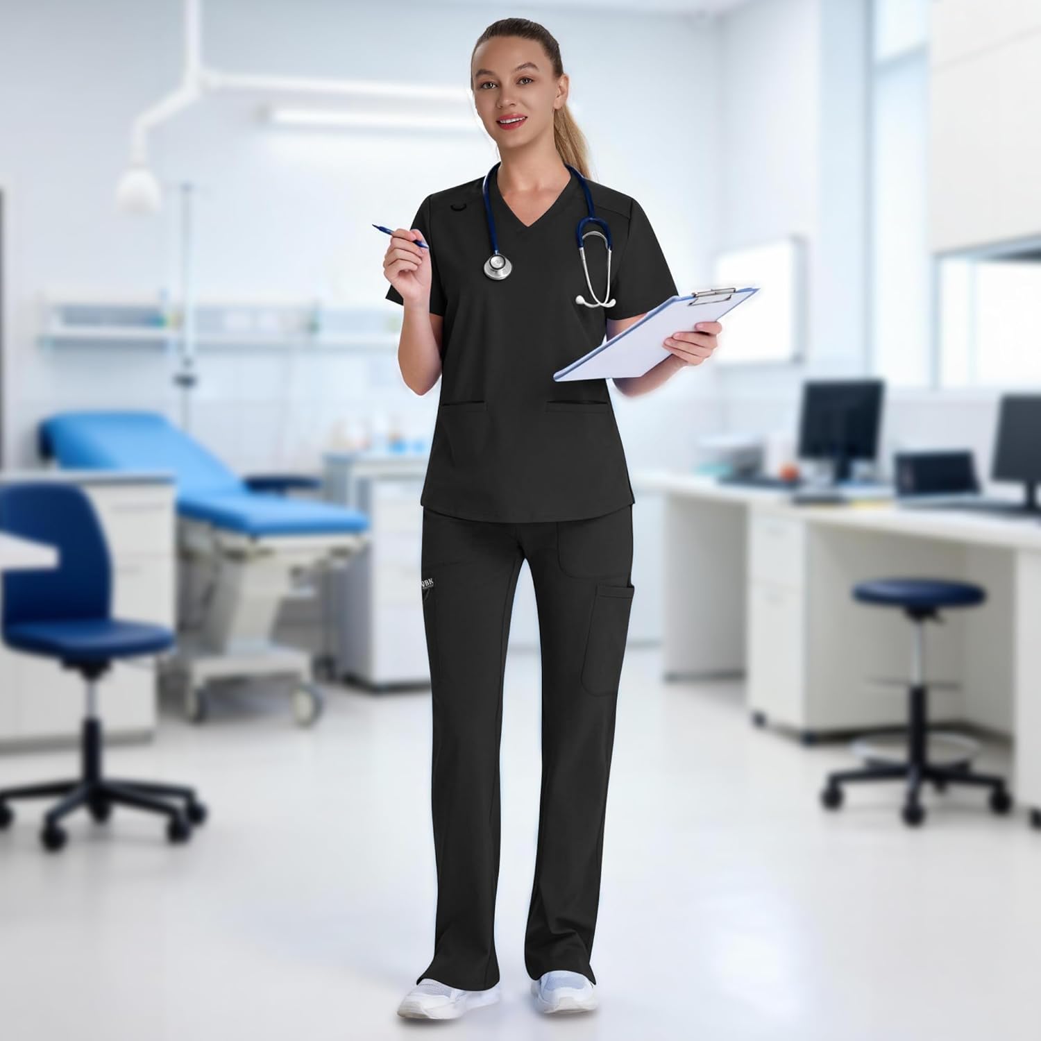 QBK Yoga Scrub Pants Women - High Waist Straight Wide Leg Uniform Pants with Cargo Pocket, Anti-Wrinkle & Knit Yoga Waistband - Image 3