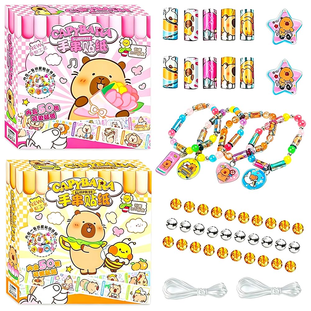 2PCS Capybara Sticker Bracelet, Friendship Bracelet Making Kits DIY Wearable Sticker Bands Mini Holographic Stickers Bracelets Creative Craft Making Kits Jewellery for Party Favors Birthday Gifts
