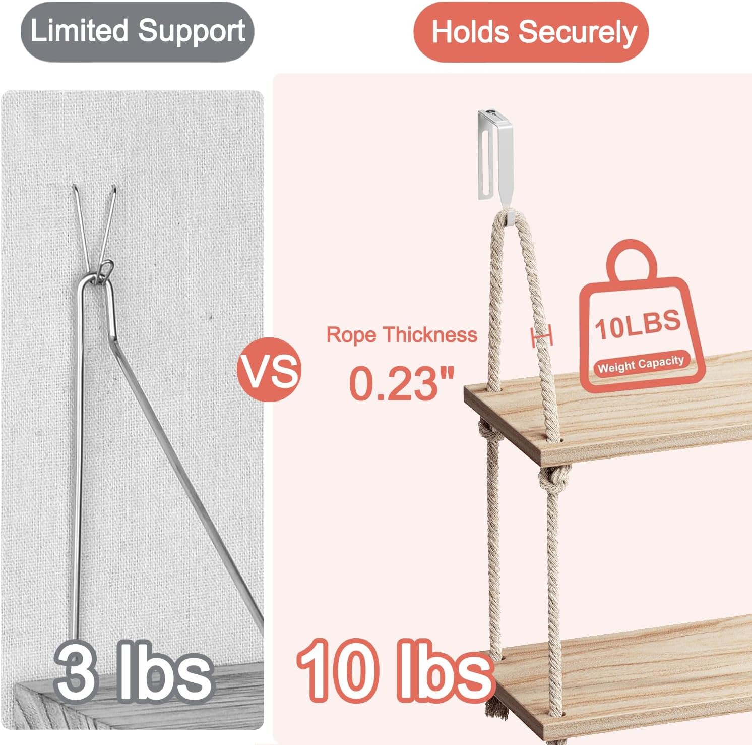2 Tier Cubicle Shelf for Walls, 11.8" Wooden Hanging Wall Shelf with Hooks & Cotton Rope, Boho Style Office Cubicle Accessories for Work, Desk Wall Storage Organizer for Office Decor image 4