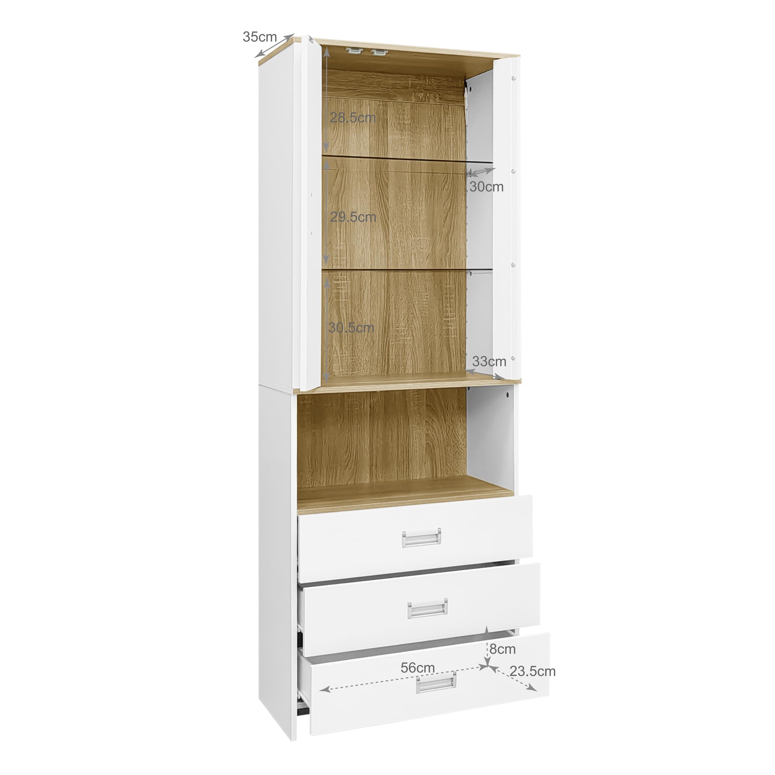 Vitrine 181,5 cm Hauteur avec Porte en Verre Transparent, Armoire de Rangement avec éclairage LED Réglable, Buffet au Design Moderne Brillant pour Différentes Pièces, Bahut Blanc, Meuble de Salon