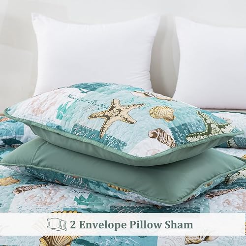 Miniatura 7 de DJY Juego de edredón de 3 piezas, tamaño King, juego de edredón con patrón costero de playa náutico Seastar, cubrecama suave con 2 fundas de