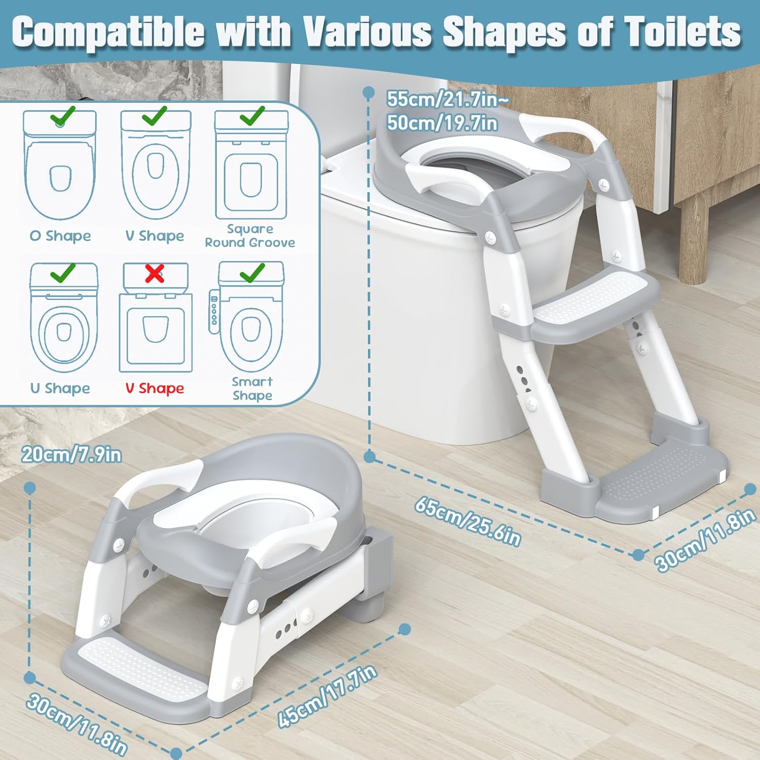 Potty Training Seat, Toddler Potty Training Toilet with Step Stool Ladder for Kids Boys Girls, 3 in 1 Foldable Toilet Seat Potty Chair with Urinals, Splash Guard, Handles, Anti-Slip Pad,Grey - Image 8