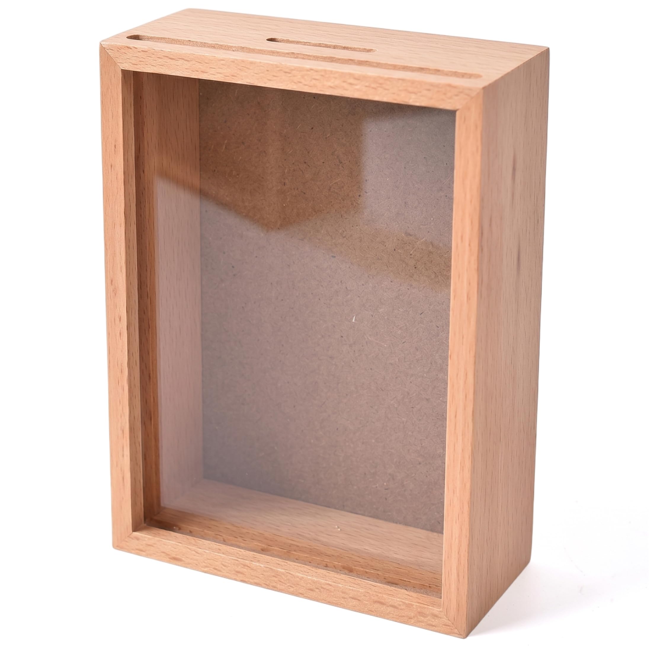 Shadow Box Piggy Bank, 7 Inch Memory Shadow Box with Coin Slot, Wooden Savings for Vacation Fund, Cash & Keepsakes, Brown