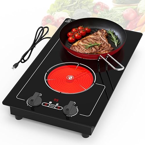 Placa de cocina eléctrica, 110V 2100W, 9 niveles de potencia, 2 quemadores, control de botón y táctil, bloqueo para niños y temporizador, indicador