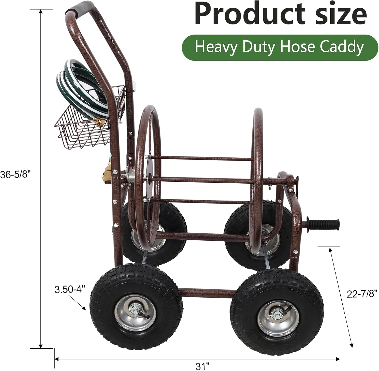 Garden Hose Reel Cart with Wheels & Storage Basket, Hold Up to 250 ft, Portable Heavy Duty Hose Reel Cart for Yard, Lawn