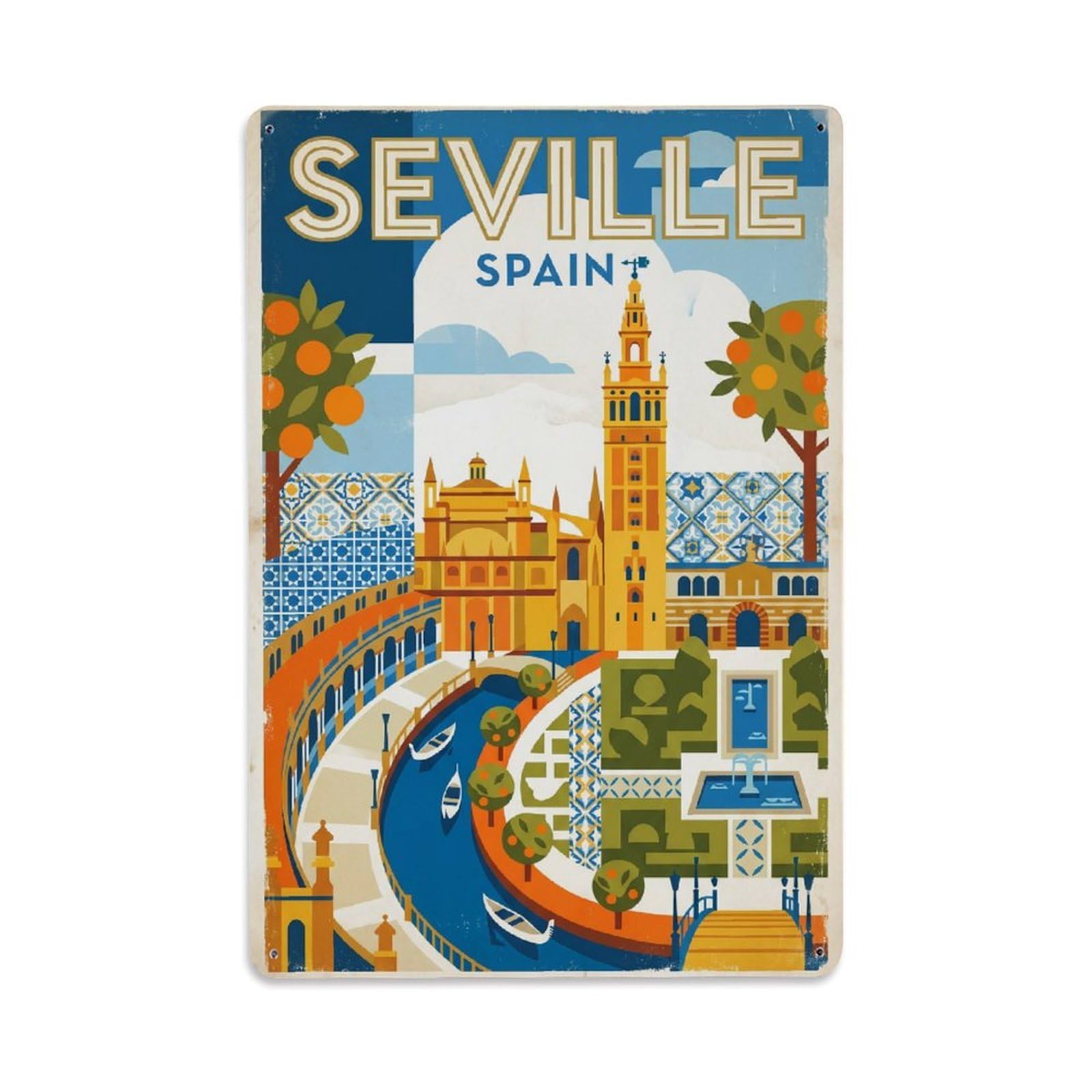 Spain Seville Vintage Travel Metal Tin Sign Plaque Wall Decor for Cafe, Club Bar, Office, Garden Metal Poster 8x12Inch