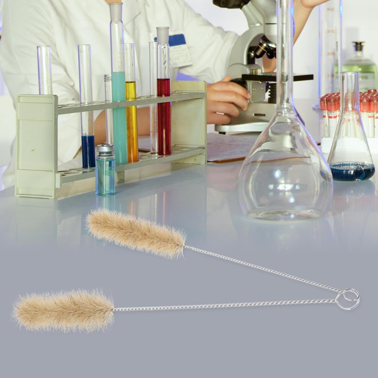 Vaguelly 3pcs Lab Cleaning Brush Set with Natural Bristles, 304 Stainless Steel Tube Brushes for Test Tubes, Bottles, and Measuring Cylinders, Small Medium Large Sizes for Laboratory Use