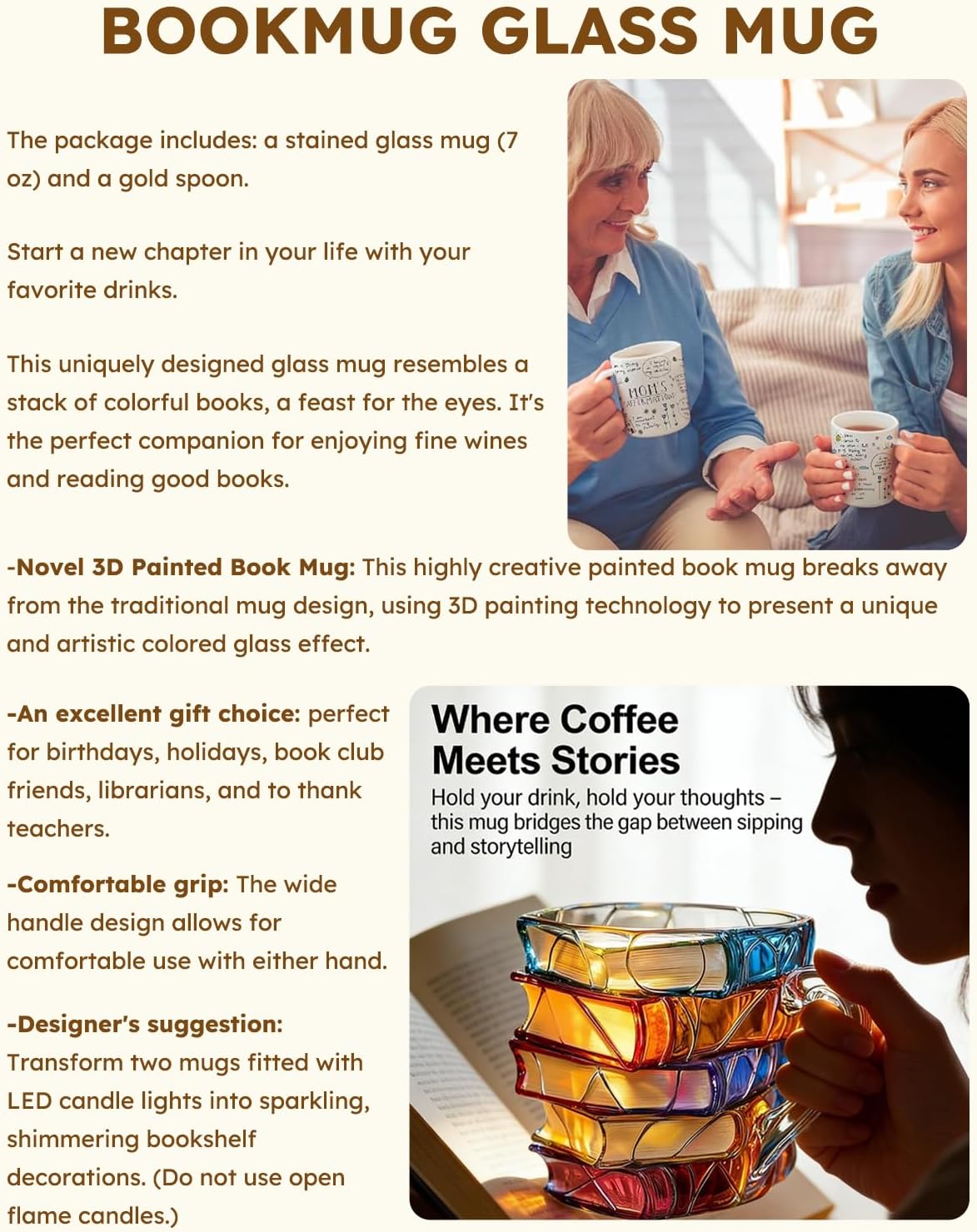 2PCS Chapter Book Mug Glass 3D Book Mugs Birthday Gift For Women Stained Glass Cups with Stack Design Artistic Reading Coffee Cup Unique Literary Friendship Gifts for Women Friends & Readers