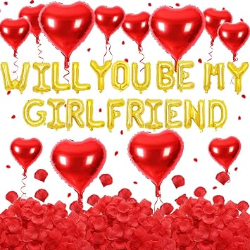 2 set 16 inch Will You be My Girlfriend Balloons and Heart Balloons with 1000 Pieces Rose Petals, Gold Letter Balloon for Her Valentines Day Decorations Wedding Anniversary Engagement