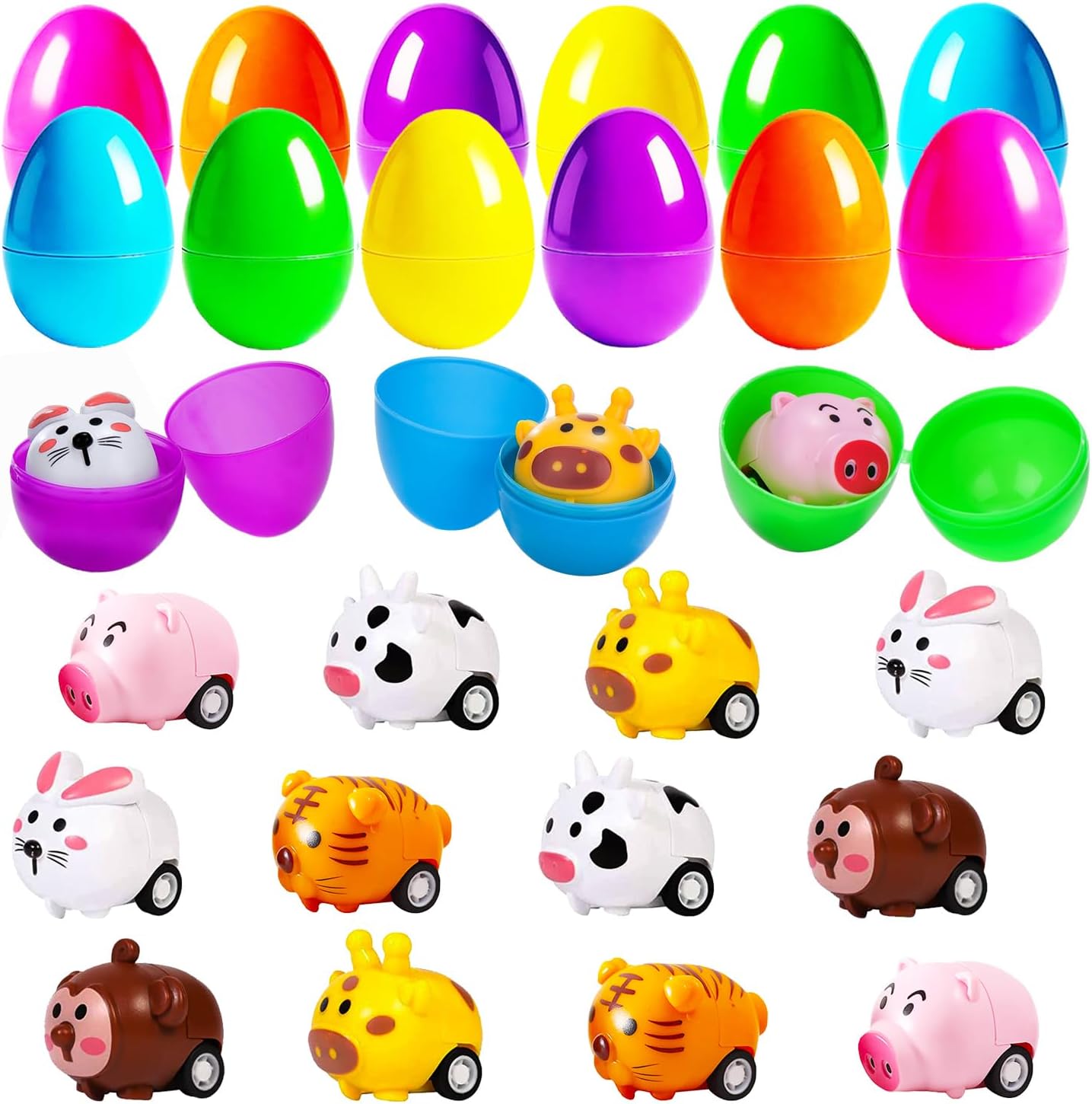 - 12 Pack Filled Easter Eggs with Animal Pull Back Car Toys - Surprise Toy Assortment for Easter Egg Hunts, Basket Stuffers & Party Favors | Easter Gifts for Kids Boys Girls