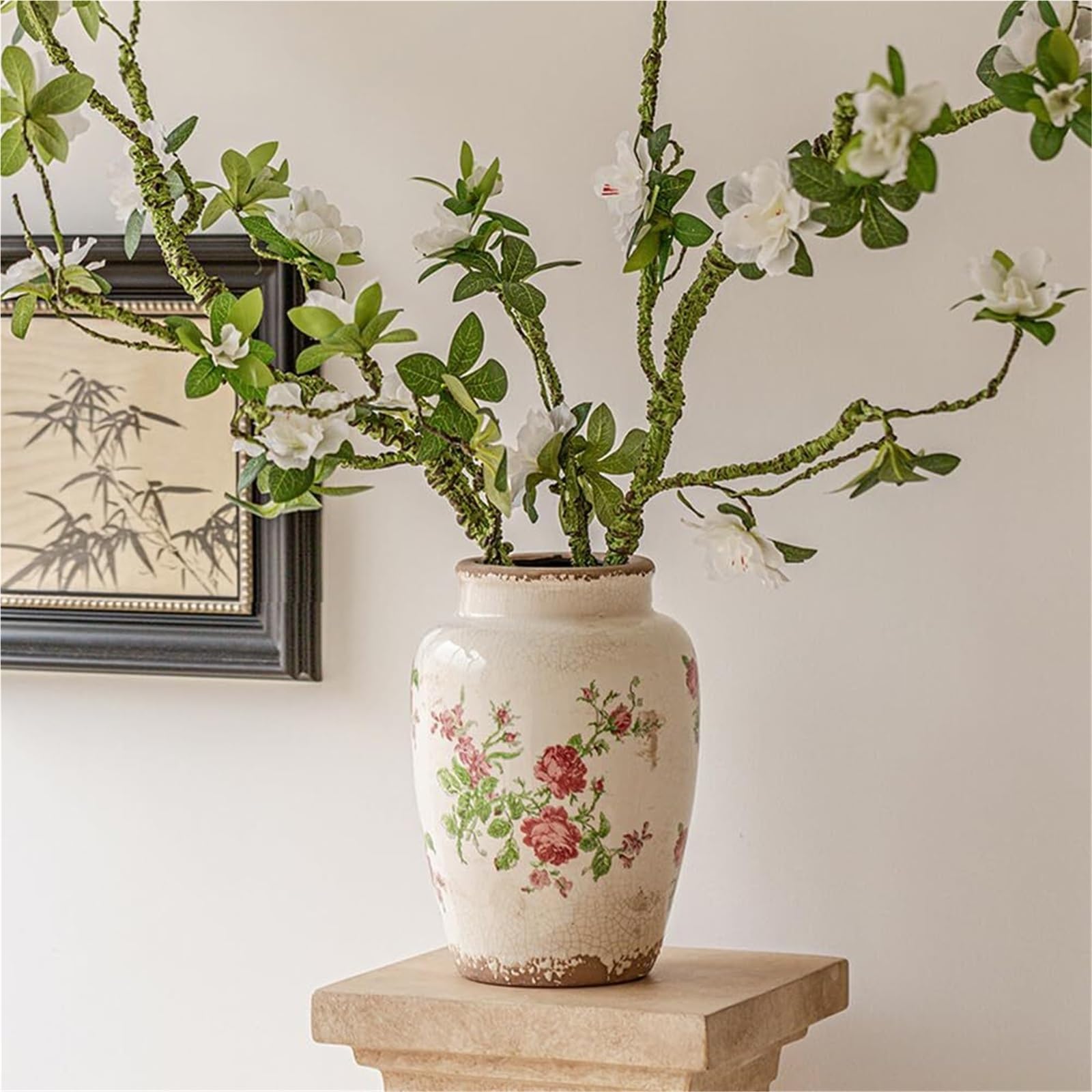 Jarrones para Flores Florero de cerámica Azul y Blanco- Chinoiserie rústico for la decoración Sala Estar Centros de Mesa(A)