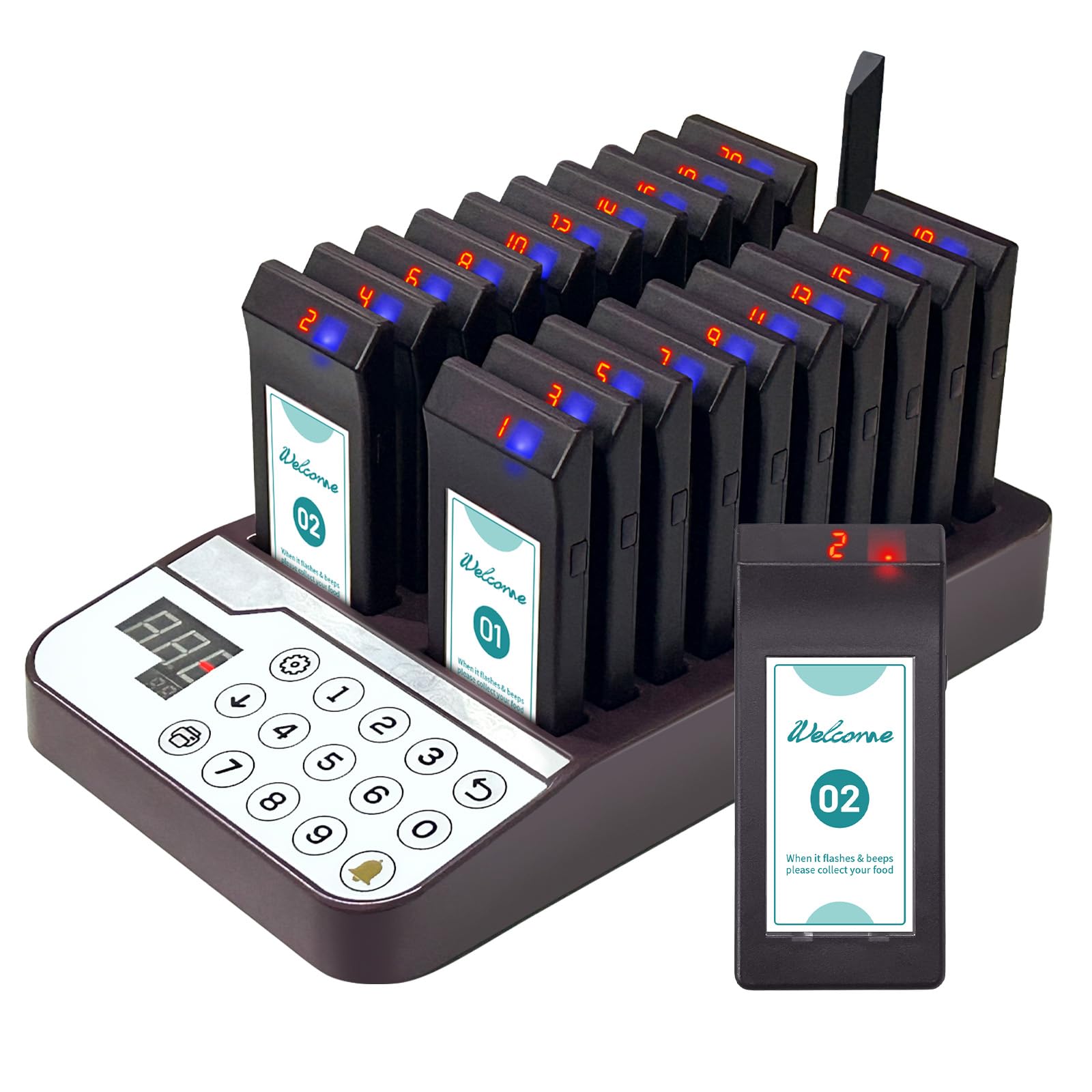 PANDAAR Restaurant Pager System Buzzers, 20 Restaurant Pagers with Vibration, Flashing, Buzzer and LED Number Display,Restaurant Buzzer System for Food Truck Church Nursery Cafe Bars